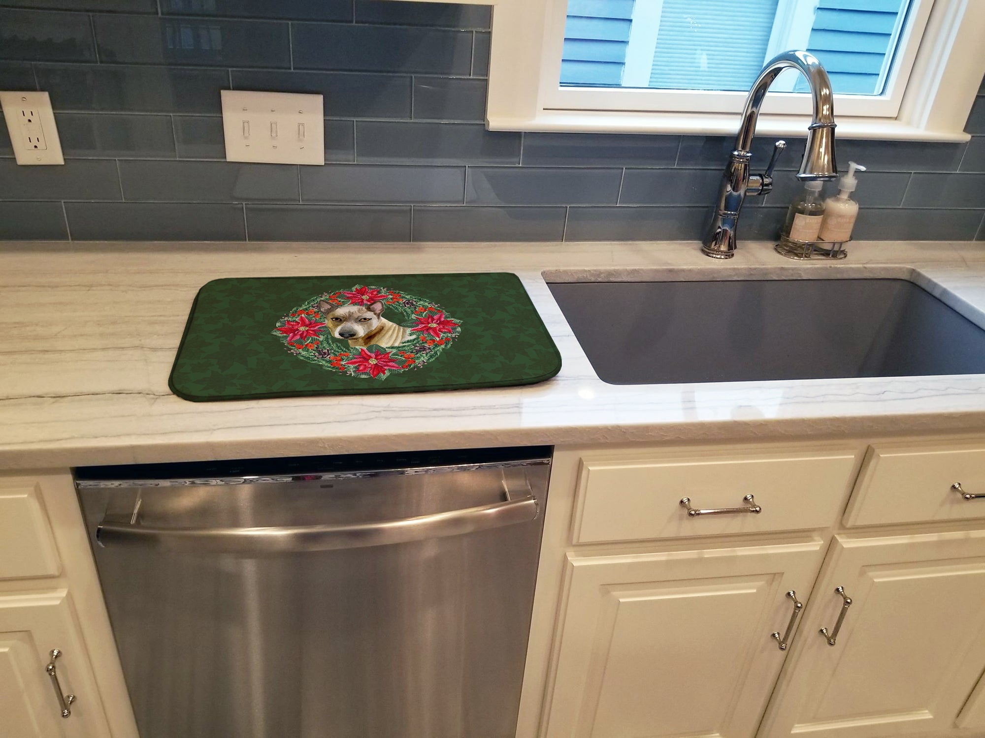 Thai Ridgeback Poinsetta Wreath Dish Drying Mat Absorbent Dish Drying Mat Pad for Kitchen Counter Dish Drainer Mat for Countertop, 14 x 21", Multicolor