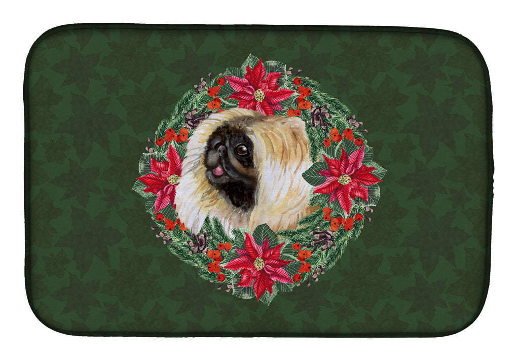 Pekingese Poinsetta Wreath Dish Drying Mat Absorbent Dish Drying Mat Pad for Kitchen Counter Dish Drainer Mat for Countertop, 14 x 21", Multicolor
