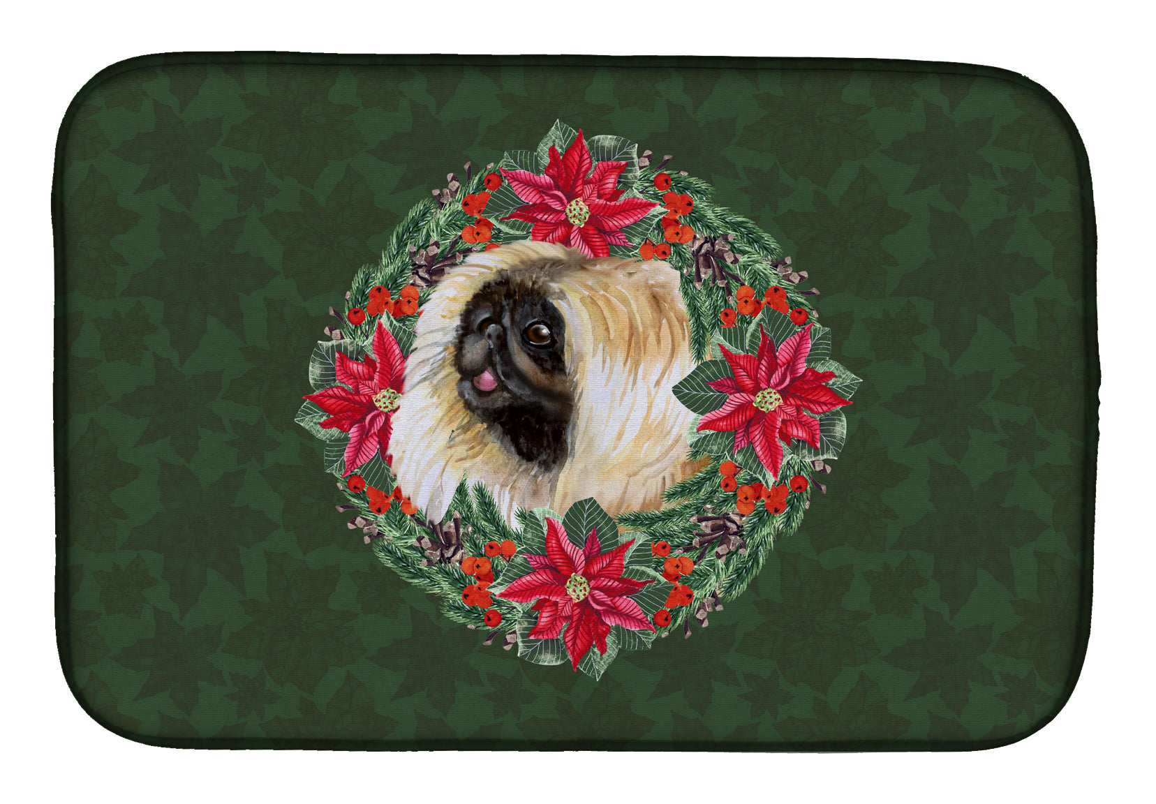 Pekingese Poinsetta Wreath Dish Drying Mat Absorbent Dish Drying Mat Pad for Kitchen Counter Dish Drainer Mat for Countertop, 14 x 21", Multicolor