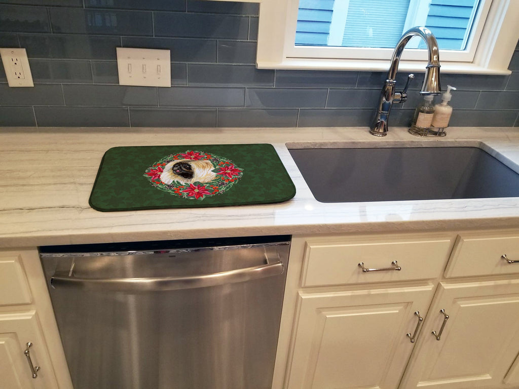 Pekingese Poinsetta Wreath Dish Drying Mat Absorbent Dish Drying Mat Pad for Kitchen Counter Dish Drainer Mat for Countertop, 14 x 21", Multicolor