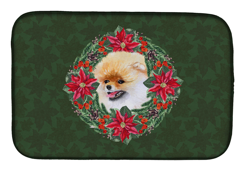 Pomeranian Poinsetta Wreath Dish Drying Mat Absorbent Dish Drying Mat Pad for Kitchen Counter Dish Drainer Mat for Countertop, 14 x 21", Multicolor