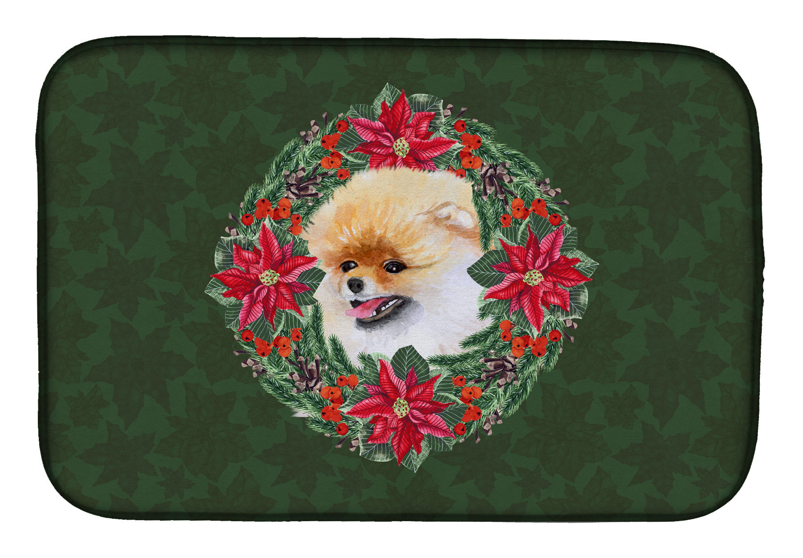 Pomeranian Poinsetta Wreath Dish Drying Mat Absorbent Dish Drying Mat Pad for Kitchen Counter Dish Drainer Mat for Countertop, 14 x 21", Multicolor