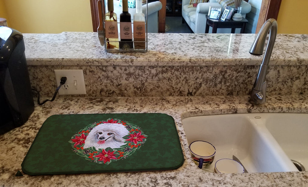 Medium White Poodle Poinsetta Wreath Dish Drying Mat Absorbent Dish Drying Mat Pad for Kitchen Counter Dish Drainer Mat for Countertop, 14 x 21", Multicolor
