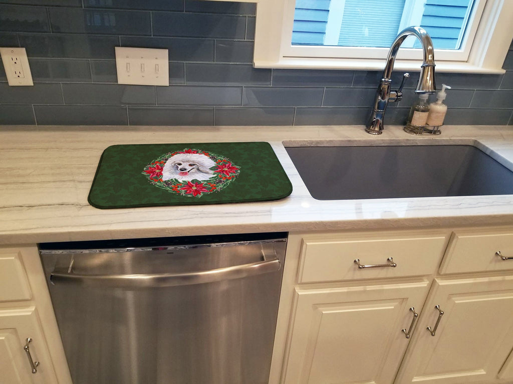 Medium White Poodle Poinsetta Wreath Dish Drying Mat Absorbent Dish Drying Mat Pad for Kitchen Counter Dish Drainer Mat for Countertop, 14 x 21", Multicolor