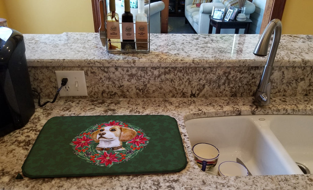 Beagle Poinsetta Wreath Dish Drying Mat Absorbent Dish Drying Mat Pad for Kitchen Counter Dish Drainer Mat for Countertop, 14 x 21", Multicolor