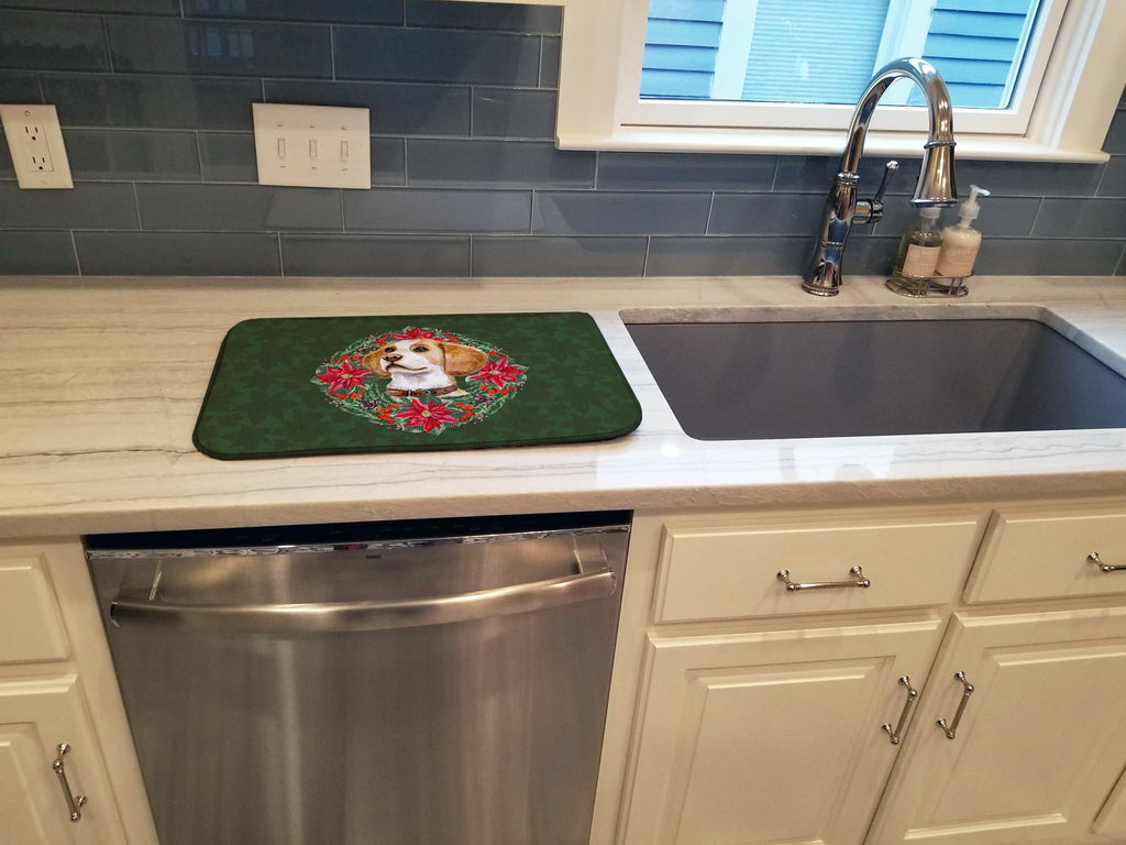 Beagle Poinsetta Wreath Dish Drying Mat Absorbent Dish Drying Mat Pad for Kitchen Counter Dish Drainer Mat for Countertop, 14 x 21", Multicolor
