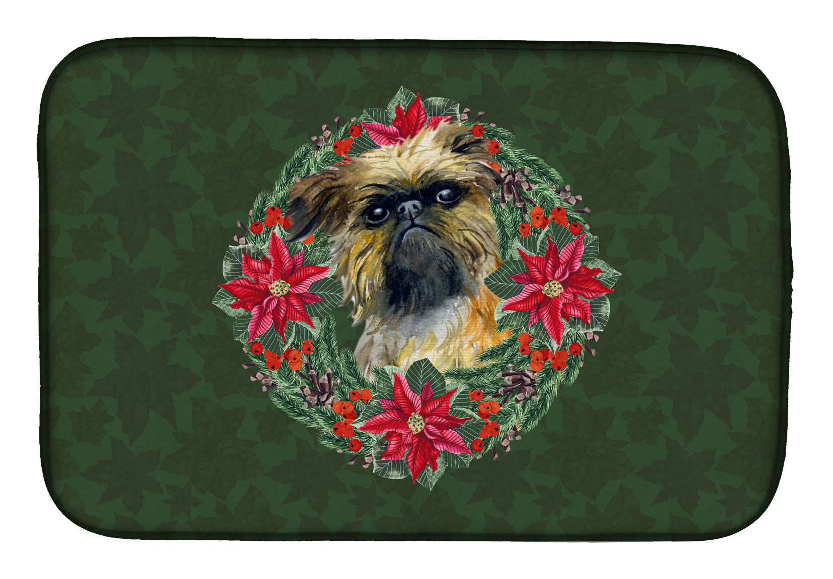 Brussels Griffon Poinsetta Wreath Dish Drying Mat Absorbent Dish Drying Mat Pad for Kitchen Counter Dish Drainer Mat for Countertop, 14 x 21", Multicolor