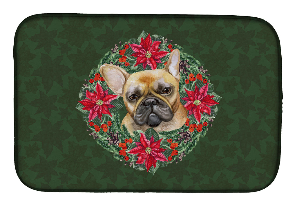 French Bulldog Poinsetta Wreath Dish Drying Mat Absorbent Dish Drying Mat Pad for Kitchen Counter Dish Drainer Mat for Countertop, 14 x 21", Multicolor