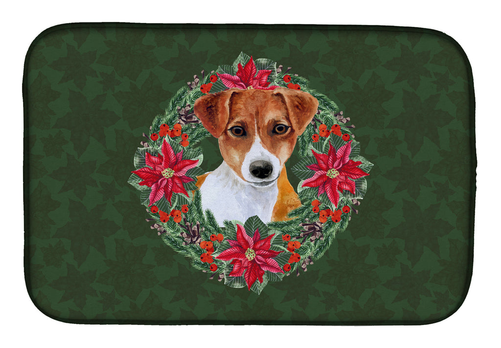 Jack Russell Terrier Poinsetta Wreath Dish Drying Mat Absorbent Dish Drying Mat Pad for Kitchen Counter Dish Drainer Mat for Countertop, 14 x 21", Multicolor