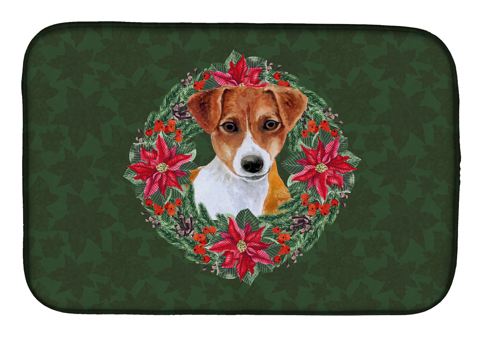 Jack Russell Terrier Poinsetta Wreath Dish Drying Mat Absorbent Dish Drying Mat Pad for Kitchen Counter Dish Drainer Mat for Countertop, 14 x 21", Multicolor