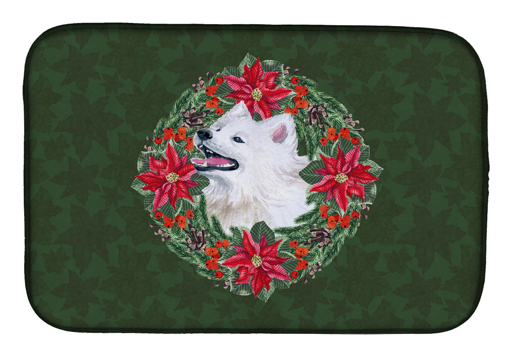 Samoyed Poinsetta Wreath Dish Drying Mat Absorbent Dish Drying Mat Pad for Kitchen Counter Dish Drainer Mat for Countertop, 14 x 21", Multicolor