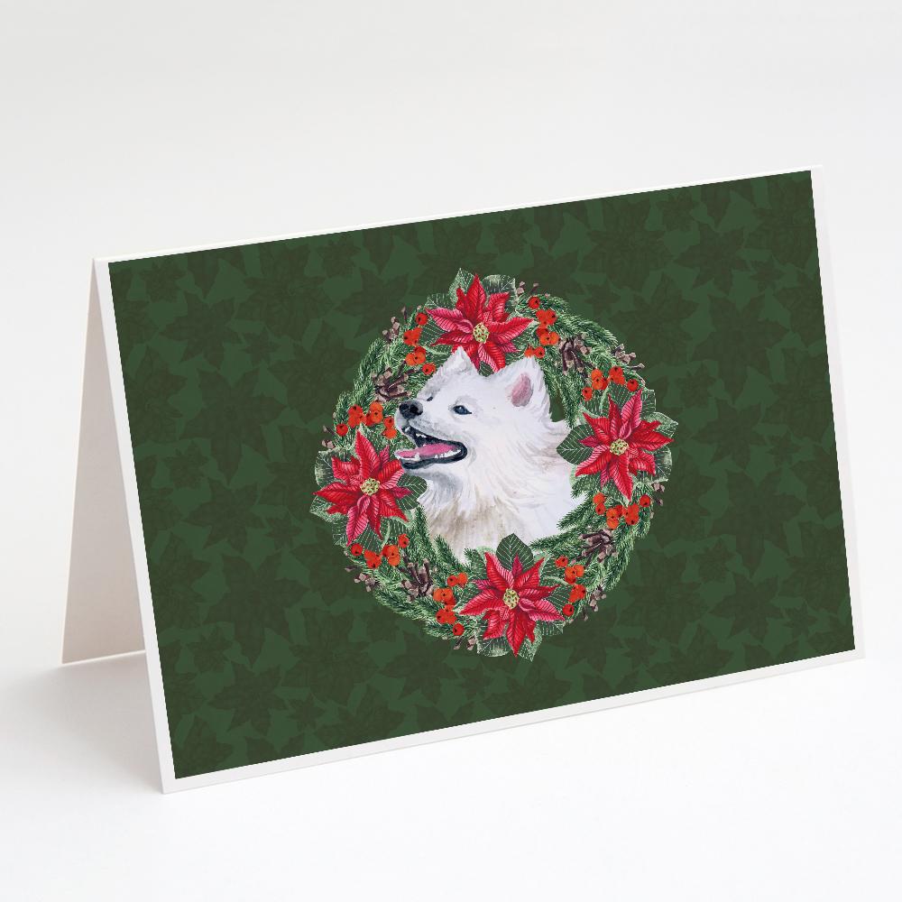 Samoyed Poinsetta Wreath Greeting Cards Pack of 8 Blank Cards with Envelopes Whimsical A7 Size 5x7