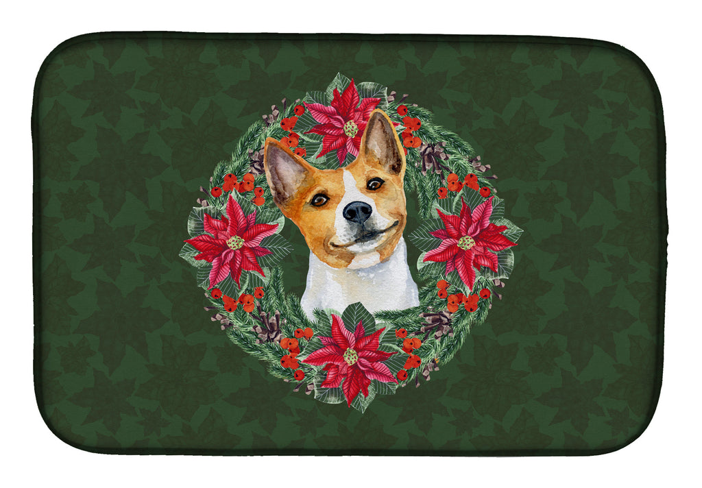 Basenji Poinsetta Wreath Dish Drying Mat Absorbent Dish Drying Mat Pad for Kitchen Counter Dish Drainer Mat for Countertop, 14 x 21", Multicolor