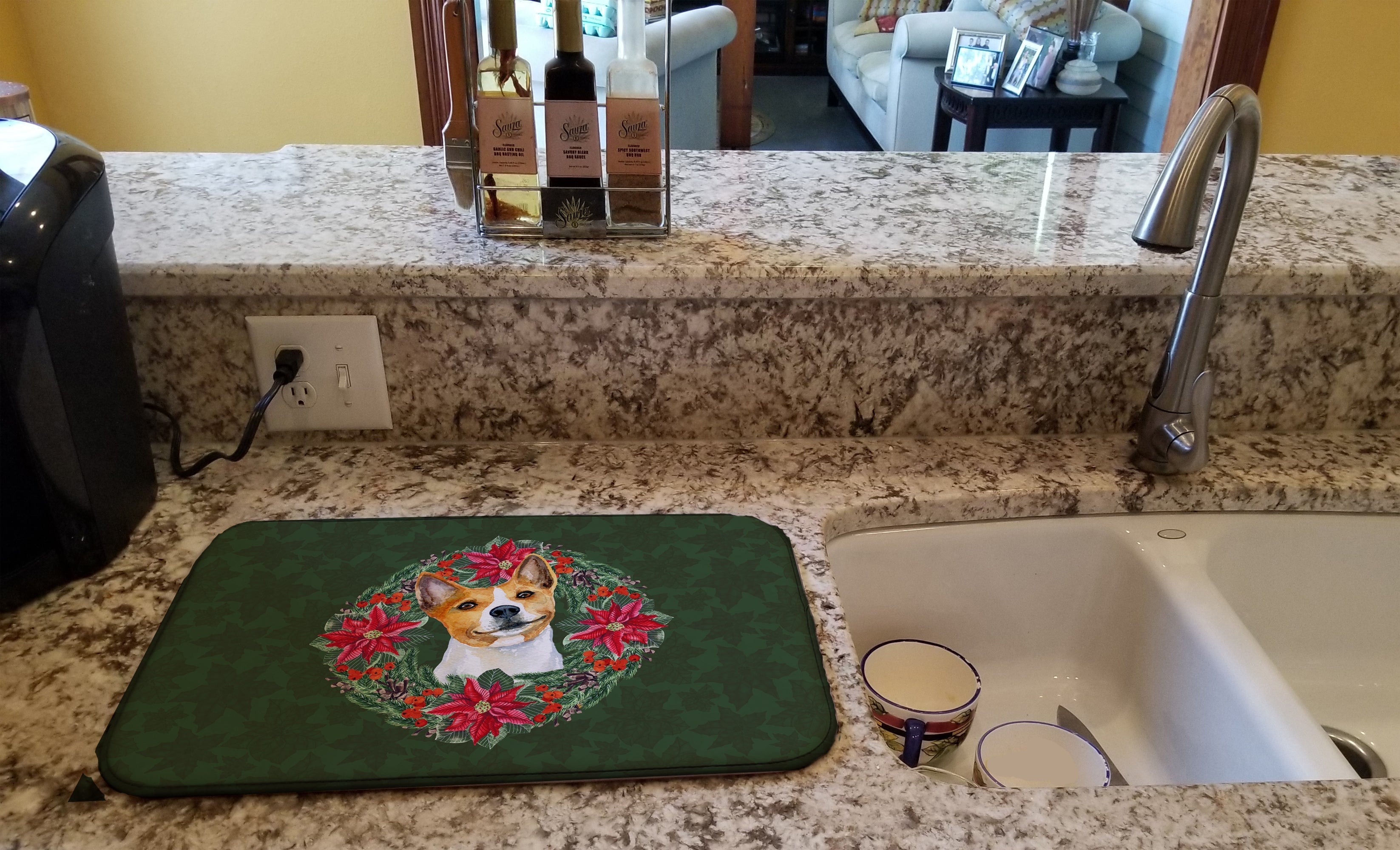 Basenji Poinsetta Wreath Dish Drying Mat Absorbent Dish Drying Mat Pad for Kitchen Counter Dish Drainer Mat for Countertop, 14 x 21", Multicolor