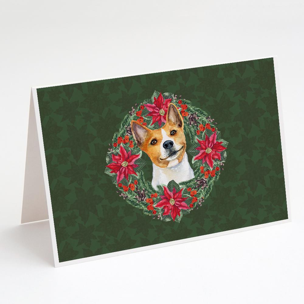 Basenji Poinsetta Wreath Greeting Cards Pack of 8 Blank Cards with Envelopes Whimsical A7 Size 5x7