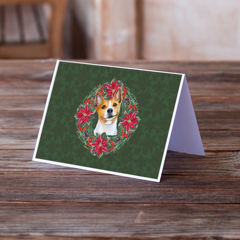 Basenji Poinsetta Wreath Greeting Cards Pack of 8 Blank Cards with Envelopes Whimsical A7 Size 5x7