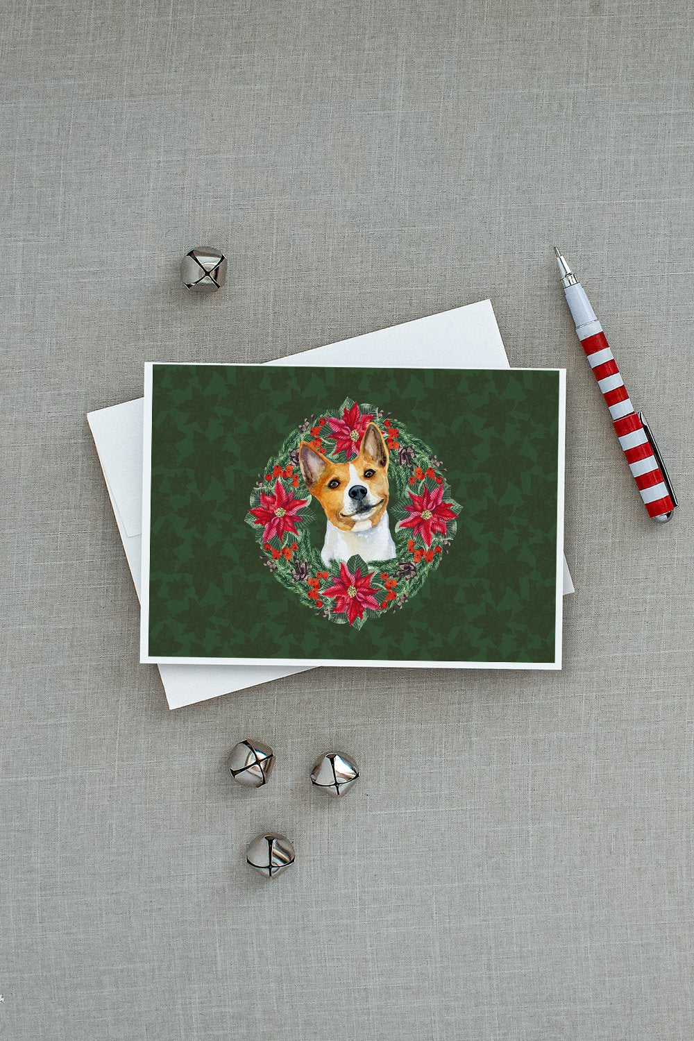 Basenji Poinsetta Wreath Greeting Cards Pack of 8 Blank Cards with Envelopes Whimsical A7 Size 5x7