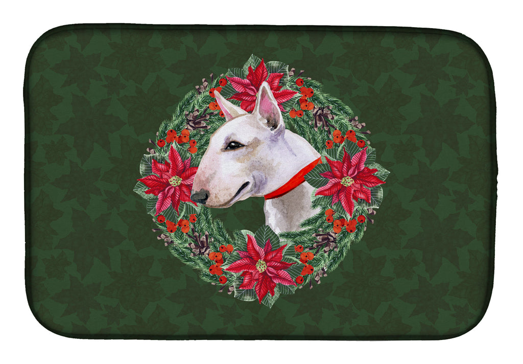 Bull Terrier Poinsetta Wreath Dish Drying Mat Absorbent Dish Drying Mat Pad for Kitchen Counter Dish Drainer Mat for Countertop, 14 x 21", Multicolor