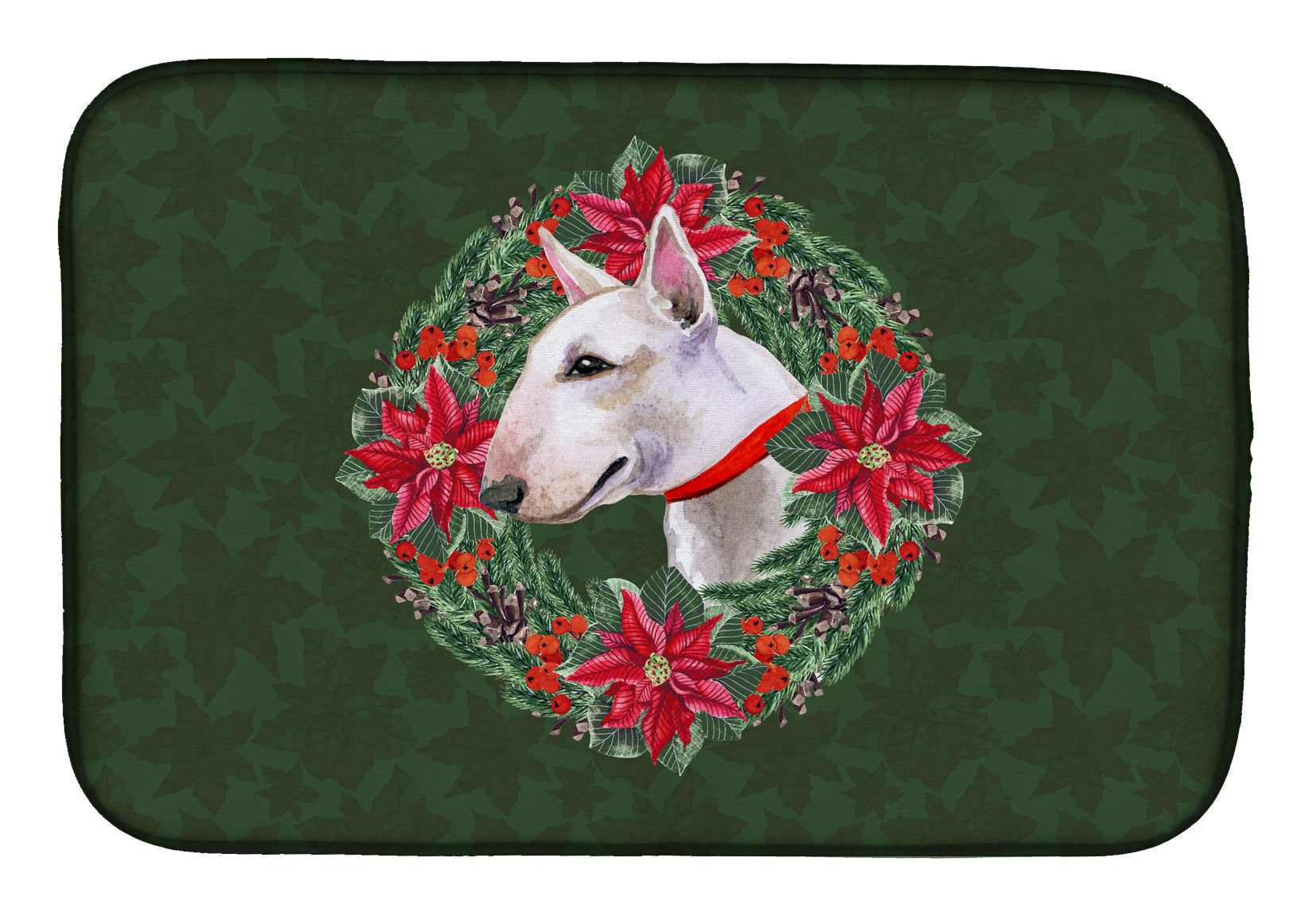 Bull Terrier Poinsetta Wreath Dish Drying Mat Absorbent Dish Drying Mat Pad for Kitchen Counter Dish Drainer Mat for Countertop, 14 x 21", Multicolor
