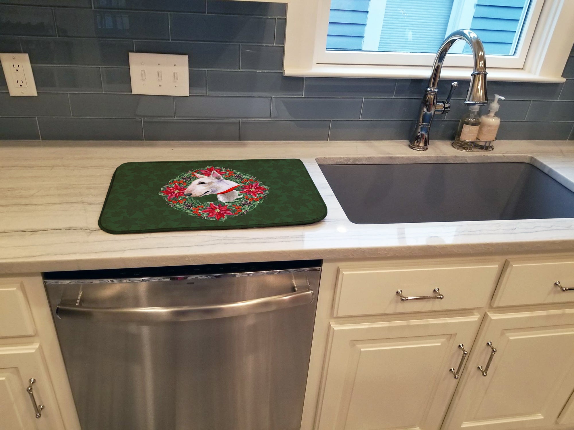Bull Terrier Poinsetta Wreath Dish Drying Mat Absorbent Dish Drying Mat Pad for Kitchen Counter Dish Drainer Mat for Countertop, 14 x 21", Multicolor