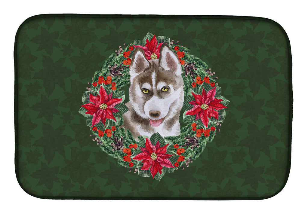 Siberian Husky Grey Poinsetta Wreath Dish Drying Mat Absorbent Dish Drying Mat Pad for Kitchen Counter Dish Drainer Mat for Countertop, 14 x 21", Multicolor