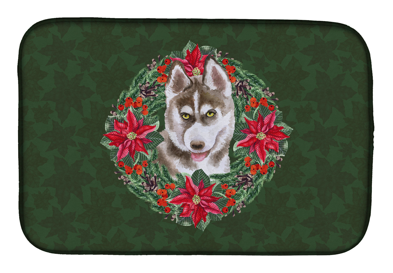 Siberian Husky Grey Poinsetta Wreath Dish Drying Mat Absorbent Dish Drying Mat Pad for Kitchen Counter Dish Drainer Mat for Countertop, 14 x 21", Multicolor