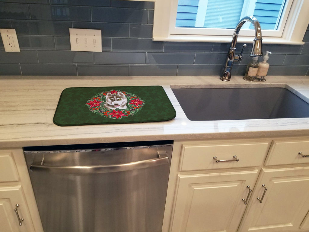 Siberian Husky Grey Poinsetta Wreath Dish Drying Mat Absorbent Dish Drying Mat Pad for Kitchen Counter Dish Drainer Mat for Countertop, 14 x 21", Multicolor
