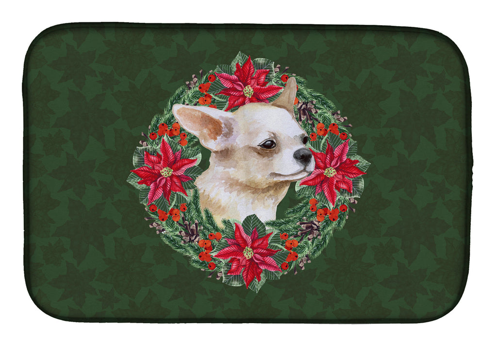 Chihuahua Leg up Poinsetta Wreath Dish Drying Mat Absorbent Dish Drying Mat Pad for Kitchen Counter Dish Drainer Mat for Countertop, 14 x 21", Multicolor
