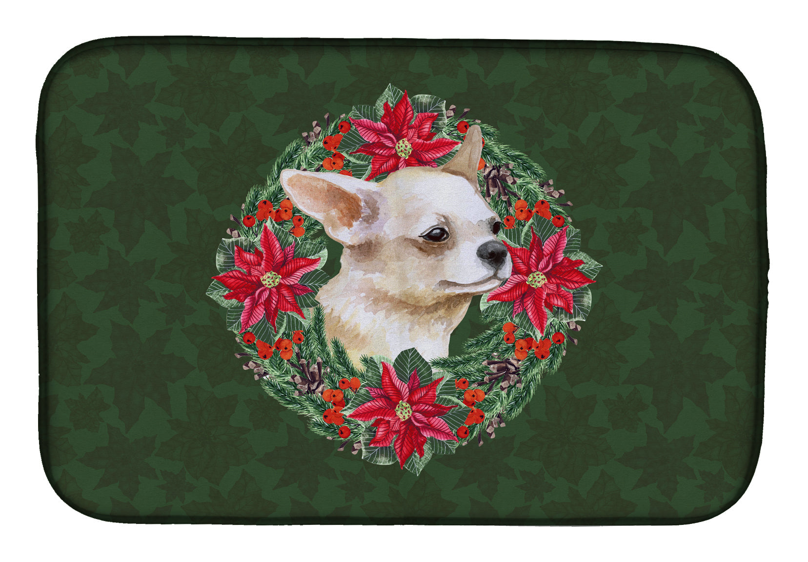 Chihuahua Leg up Poinsetta Wreath Dish Drying Mat Absorbent Dish Drying Mat Pad for Kitchen Counter Dish Drainer Mat for Countertop, 14 x 21", Multicolor