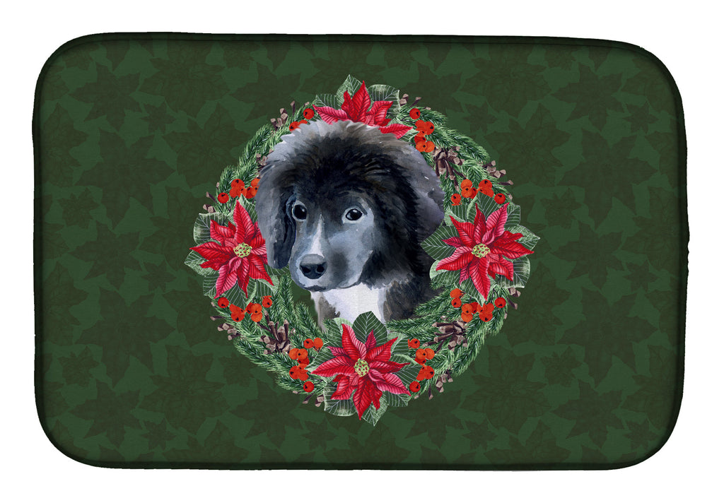 Newfoundland Puppy Poinsetta Wreath Dish Drying Mat Absorbent Dish Drying Mat Pad for Kitchen Counter Dish Drainer Mat for Countertop, 14 x 21", Multicolor