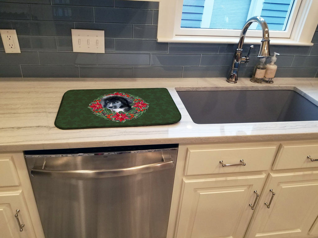 Newfoundland Puppy Poinsetta Wreath Dish Drying Mat Absorbent Dish Drying Mat Pad for Kitchen Counter Dish Drainer Mat for Countertop, 14 x 21", Multicolor