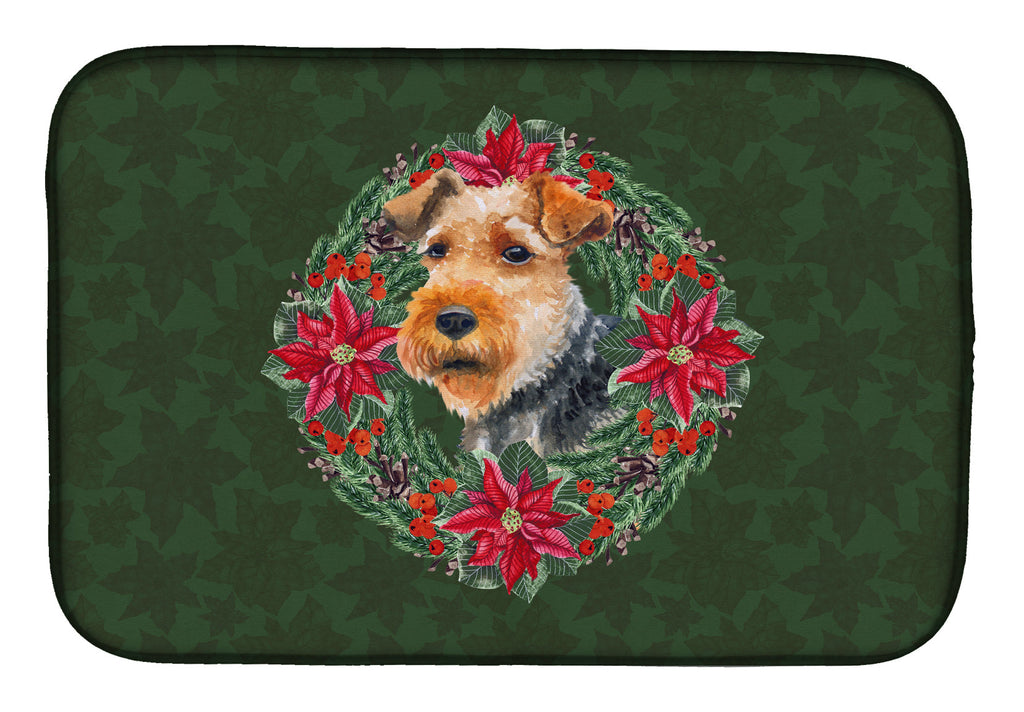 Welsh Terrier Poinsetta Wreath Dish Drying Mat Absorbent Dish Drying Mat Pad for Kitchen Counter Dish Drainer Mat for Countertop, 14 x 21", Multicolor