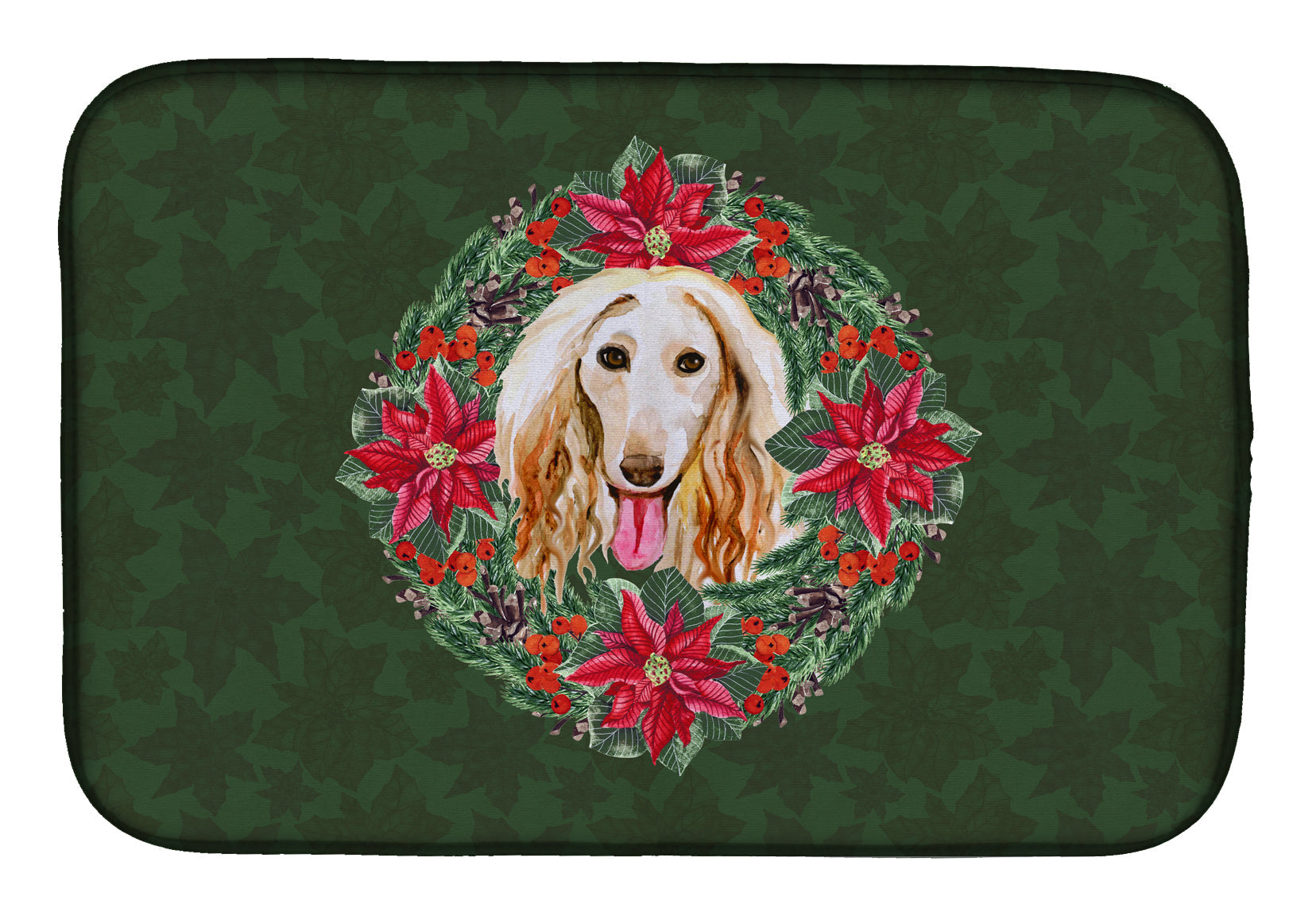 Afghan Hound Poinsetta Wreath Dish Drying Mat Absorbent Dish Drying Mat Pad for Kitchen Counter Dish Drainer Mat for Countertop, 14 x 21", Multicolor