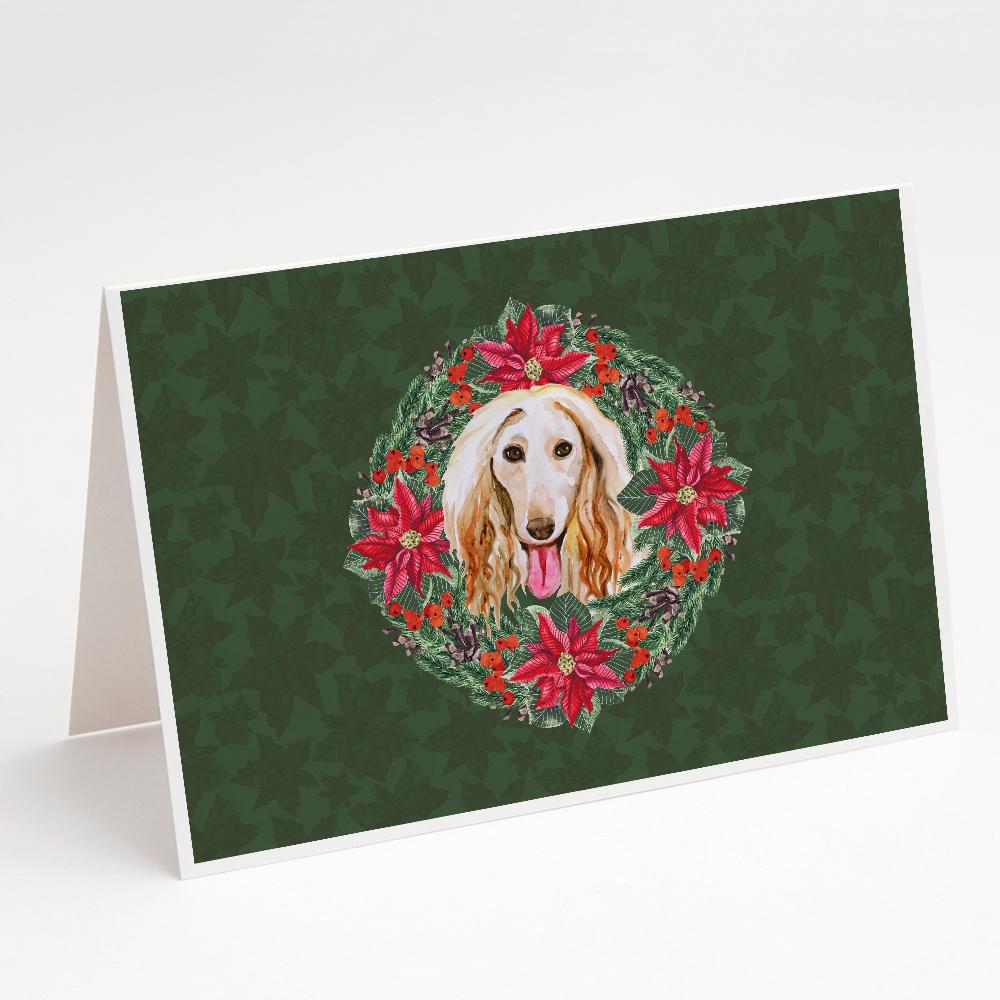 Afghan Hound Poinsetta Wreath Greeting Cards Pack of 8 Blank Cards with Envelopes Whimsical A7 Size 5x7