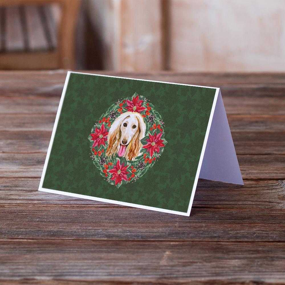Afghan Hound Poinsetta Wreath Greeting Cards Pack of 8 Blank Cards with Envelopes Whimsical A7 Size 5x7