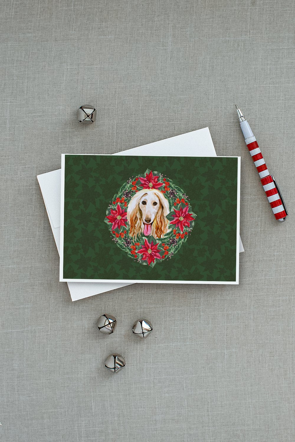 Afghan Hound Poinsetta Wreath Greeting Cards Pack of 8 Blank Cards with Envelopes Whimsical A7 Size 5x7