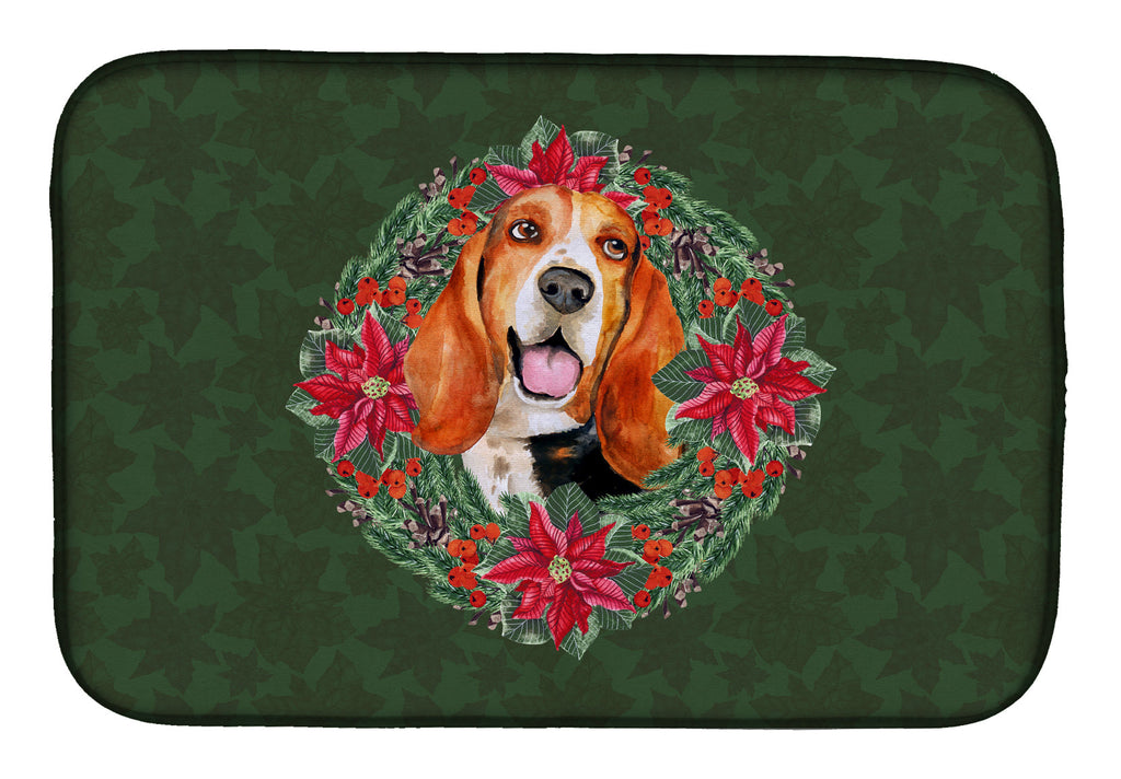 Basset Hound Poinsetta Wreath Dish Drying Mat Absorbent Dish Drying Mat Pad for Kitchen Counter Dish Drainer Mat for Countertop, 14 x 21", Multicolor