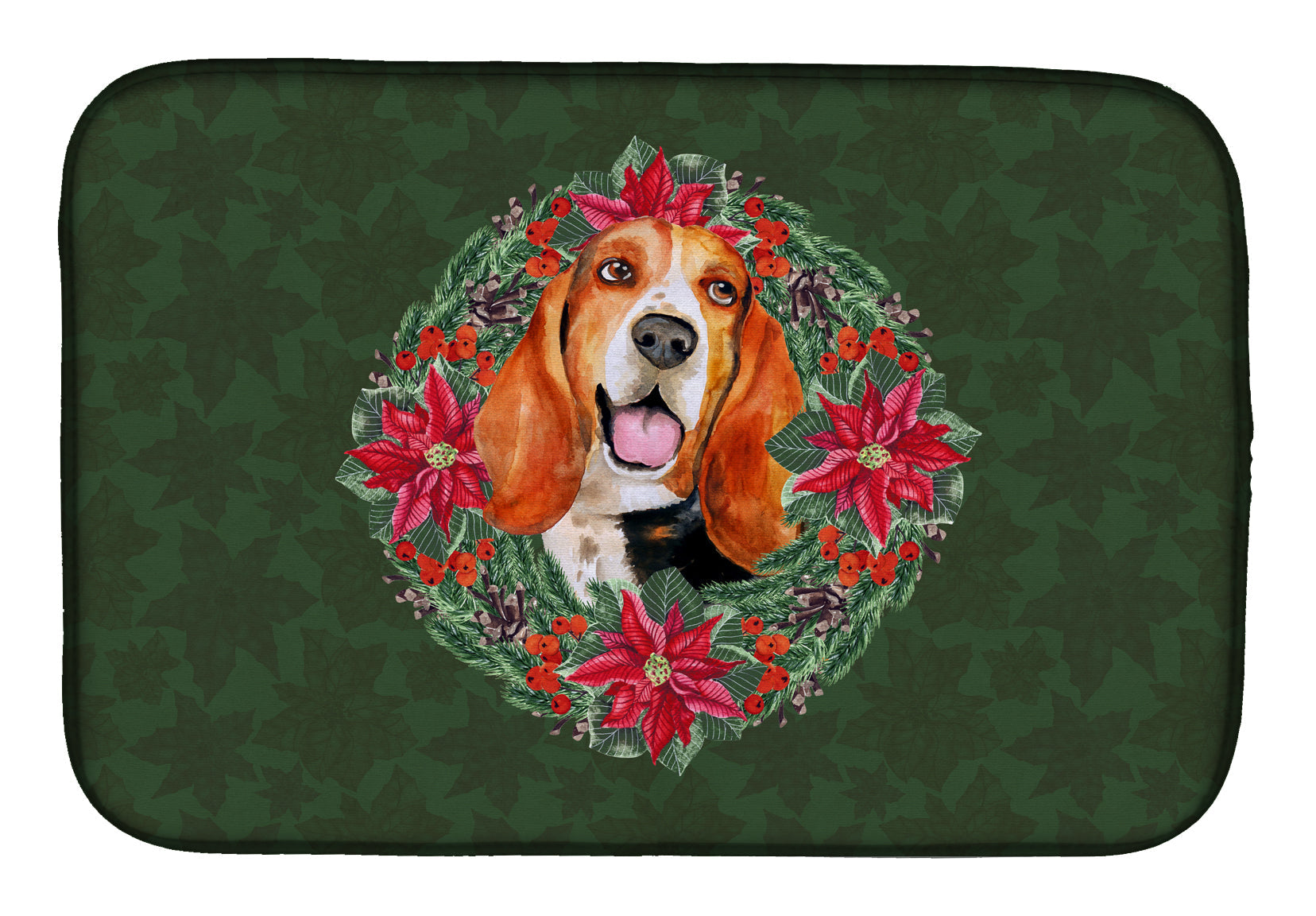 Basset Hound Poinsetta Wreath Dish Drying Mat Absorbent Dish Drying Mat Pad for Kitchen Counter Dish Drainer Mat for Countertop, 14 x 21", Multicolor