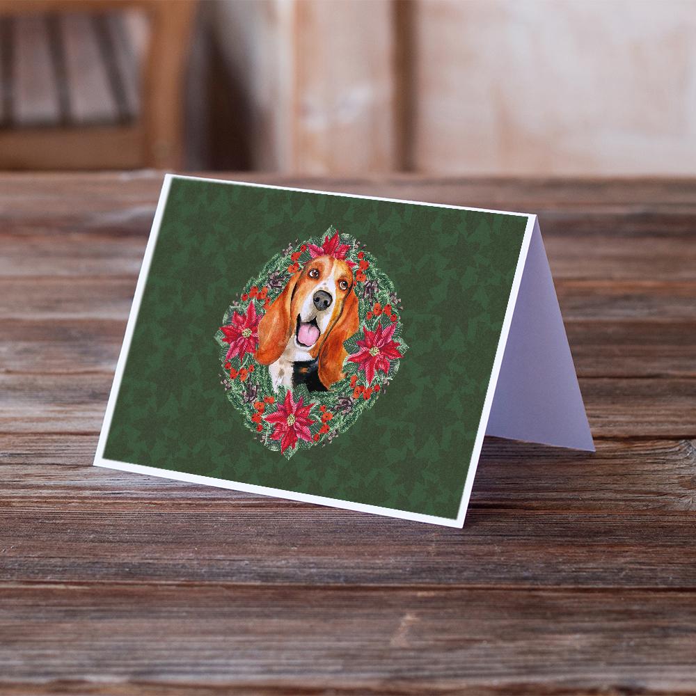 Basset Hound Poinsetta Wreath Greeting Cards Pack of 8 Blank Cards with Envelopes Whimsical A7 Size 5x7