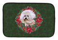 Bichon Frise #2 Poinsetta Wreath Dish Drying Mat Absorbent Dish Drying Mat Pad for Kitchen Counter Dish Drainer Mat for Countertop, 14 x 21", Multicolor