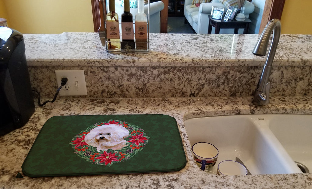 Bichon Frise #2 Poinsetta Wreath Dish Drying Mat Absorbent Dish Drying Mat Pad for Kitchen Counter Dish Drainer Mat for Countertop, 14 x 21", Multicolor