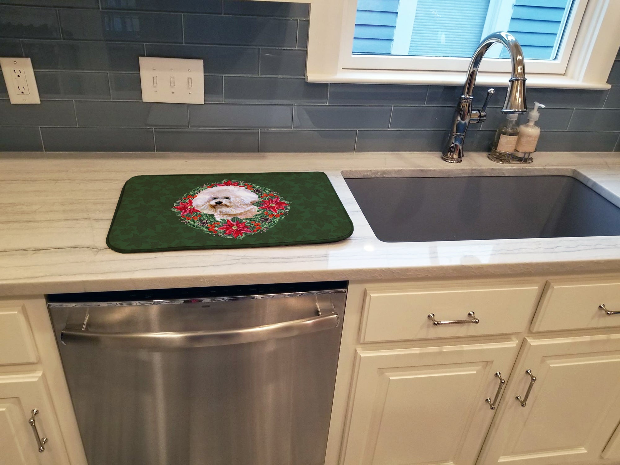 Bichon Frise #2 Poinsetta Wreath Dish Drying Mat Absorbent Dish Drying Mat Pad for Kitchen Counter Dish Drainer Mat for Countertop, 14 x 21", Multicolor