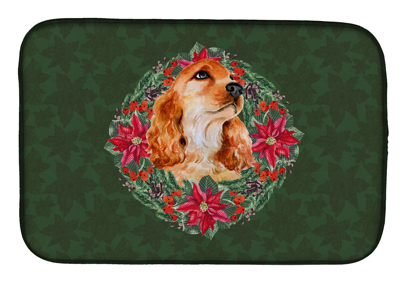 Cocker Spaniel Poinsetta Wreath Dish Drying Mat Absorbent Dish Drying Mat Pad for Kitchen Counter Dish Drainer Mat for Countertop, 14 x 21", Multicolor