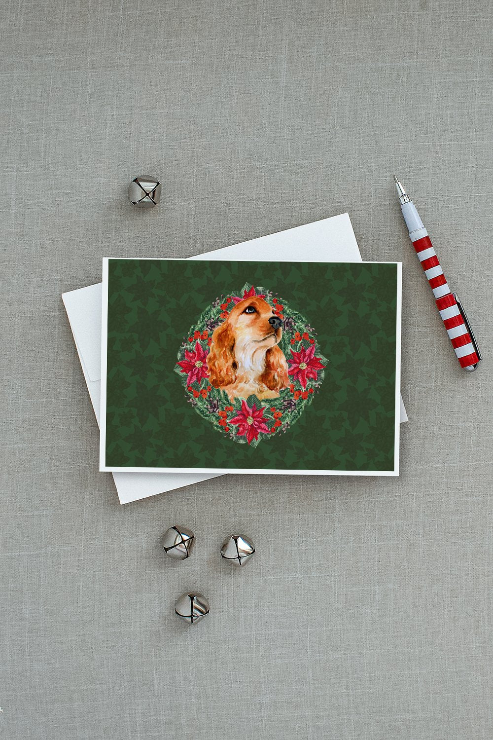 Cocker Spaniel Poinsetta Wreath Greeting Cards Pack of 8 Blank Cards with Envelopes Whimsical A7 Size 5x7