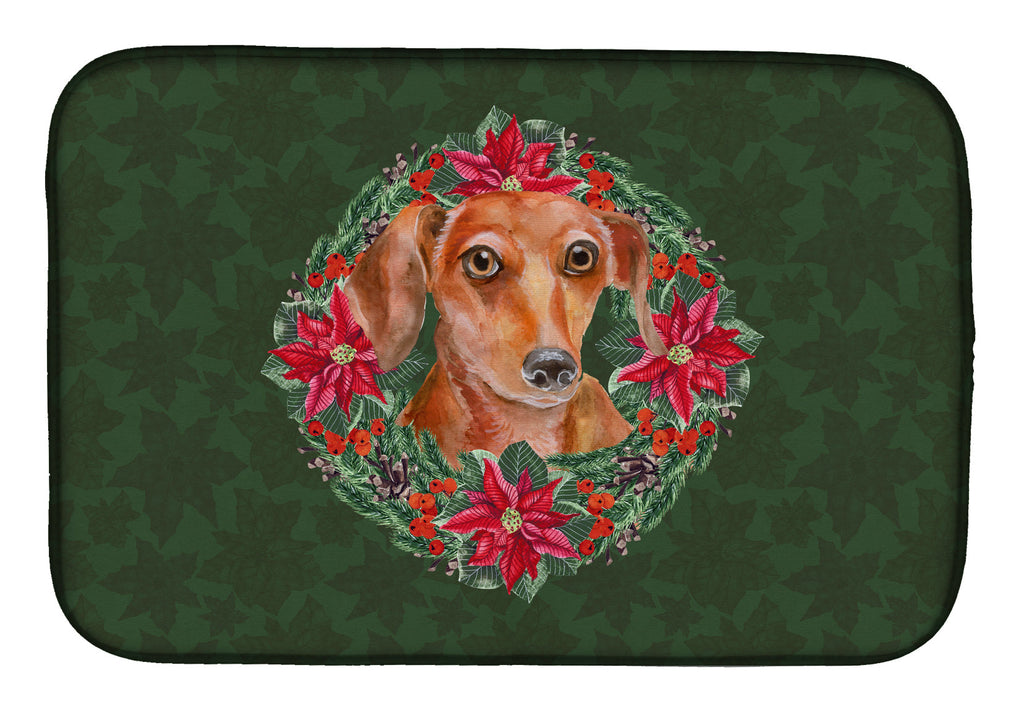Red Dachshund Poinsetta Wreath Dish Drying Mat Absorbent Dish Drying Mat Pad for Kitchen Counter Dish Drainer Mat for Countertop, 14 x 21", Multicolor