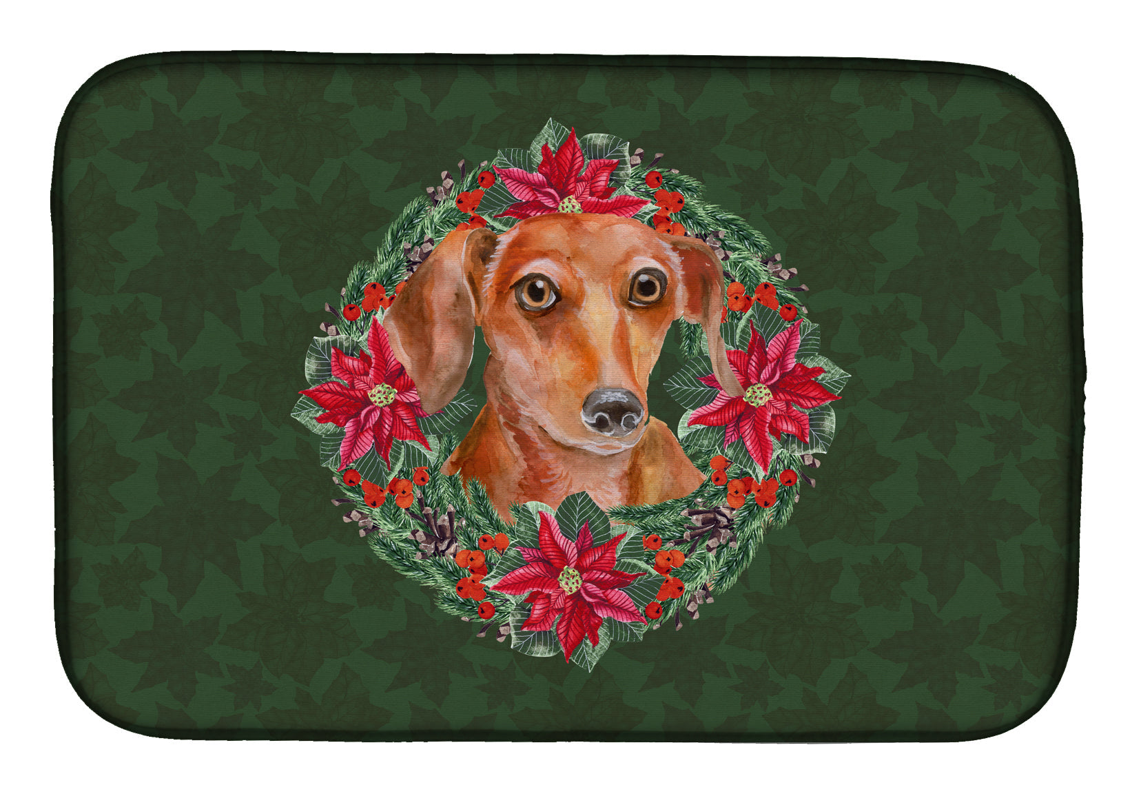 Red Dachshund Poinsetta Wreath Dish Drying Mat Absorbent Dish Drying Mat Pad for Kitchen Counter Dish Drainer Mat for Countertop, 14 x 21", Multicolor