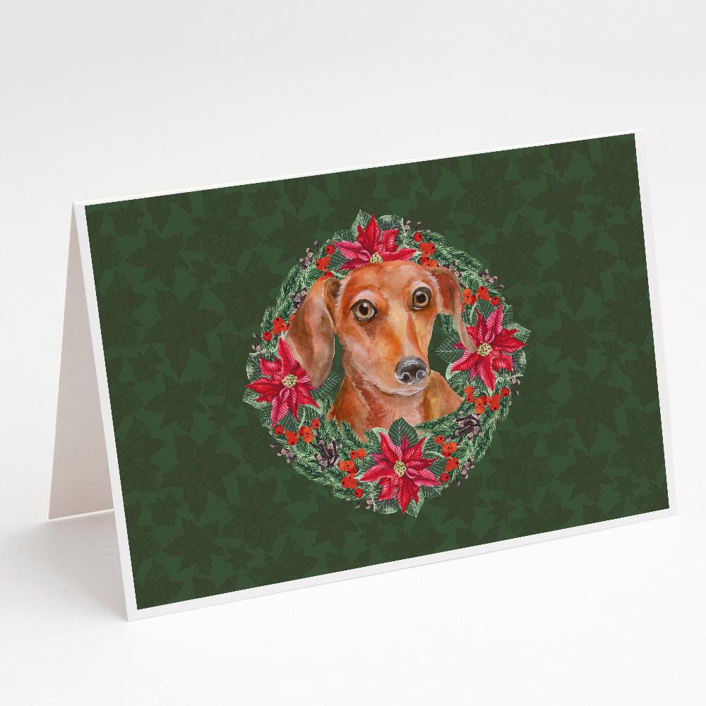 Red Dachshund Poinsetta Wreath Greeting Cards Pack of 8 Blank Cards with Envelopes Whimsical A7 Size 5x7