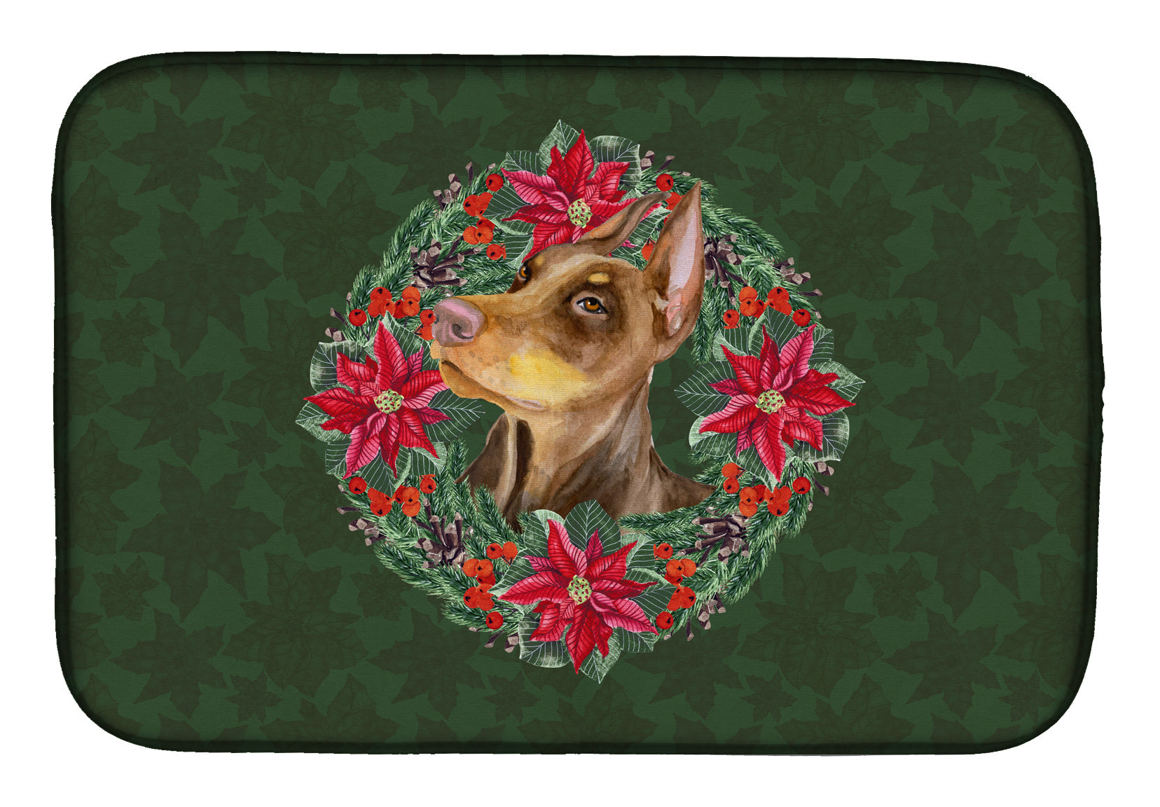 Doberman Pinscher Poinsetta Wreath Dish Drying Mat Absorbent Dish Drying Mat Pad for Kitchen Counter Dish Drainer Mat for Countertop, 14 x 21", Multicolor