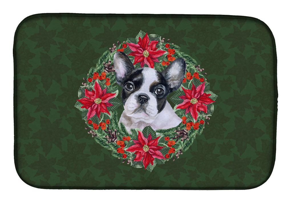 French Bulldog Black White Poinsetta Wreath Dish Drying Mat Absorbent Dish Drying Mat Pad for Kitchen Counter Dish Drainer Mat for Countertop, 14 x 21", Multicolor