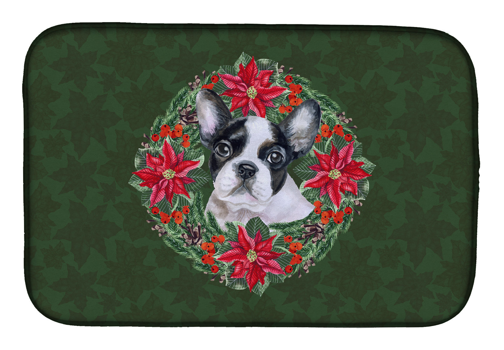 French Bulldog Black White Poinsetta Wreath Dish Drying Mat Absorbent Dish Drying Mat Pad for Kitchen Counter Dish Drainer Mat for Countertop, 14 x 21", Multicolor